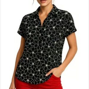 Casa Cabana Women’s Black White Floral Button Down Short Sleeve Blouse Top MED